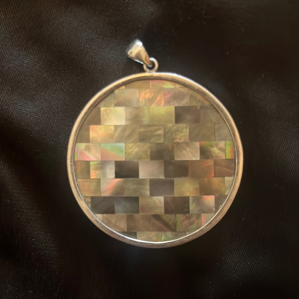 Natural stone ,pearl, abalone pendant Double-sided large circle  sterling silver
